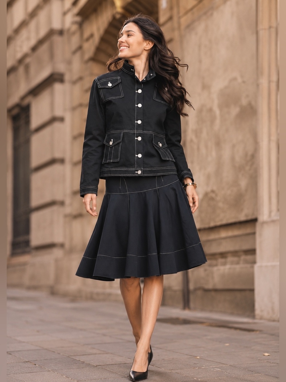 New Aleeza Paris Black Jacket & Skirt Set – Jacket Size Small | Skirt Medium